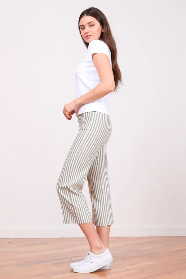 Pants*AVENUE MONTAIGNE Alex Linen Stripes Bengal Olive