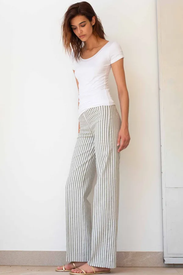 Pants*AVENUE MONTAIGNE Flavia Linen Stripes Bengal Olive